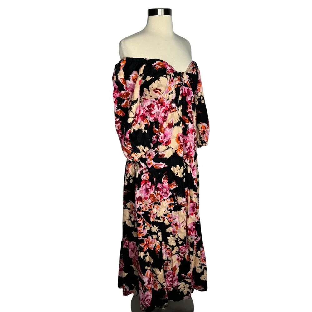 Anthropologie 100% Cotton Boho‎ Black Floral Pink Maxi Dress Balloon Sleeve